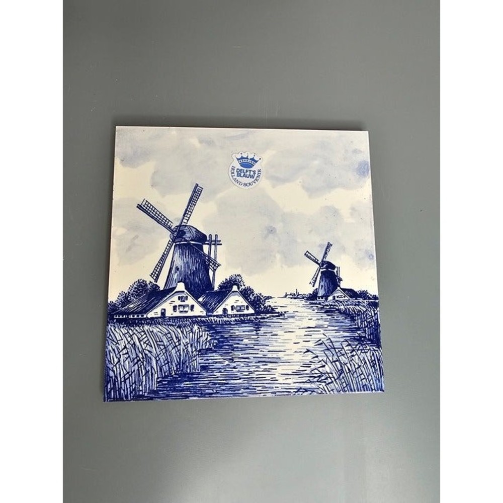 Delft Blue Holland 6" Square Handmade Trivet Windmills and Harbor Scene